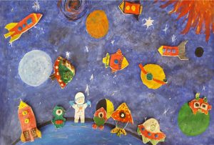 Ягудина Найля, 10 лет, 4 класс. Рисунок "Встреча трёх Миров". Встреча юного космонавта Юры с жителями других планет - инопланетянами.