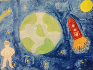 Ялова Олеся, 6 класс, с. Никольское, Кузнецкий район. Рисунок "Я в Космосе". "хочу, чтобы на планете не было войн и террактов. Все жили дружно".