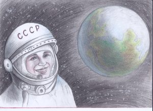 Студент Искитимского центра профессионального обучения, Евгений Хващевский. "На рисунке изображен Ю.А. Гагарин, а также наша планета".